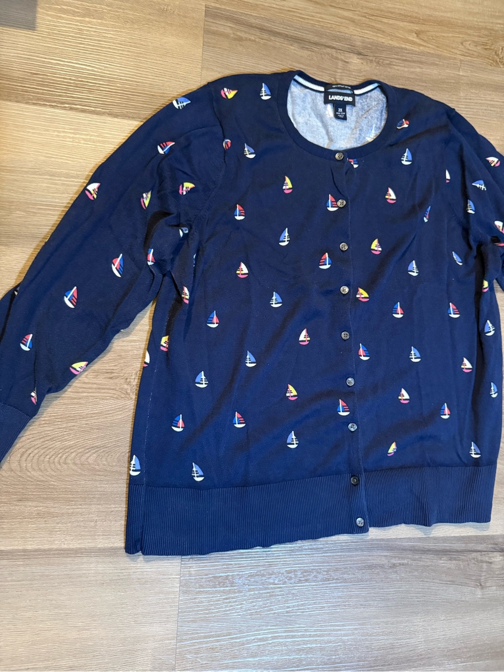 Lands' End Navy Sailboat Print Cardigan Sweater